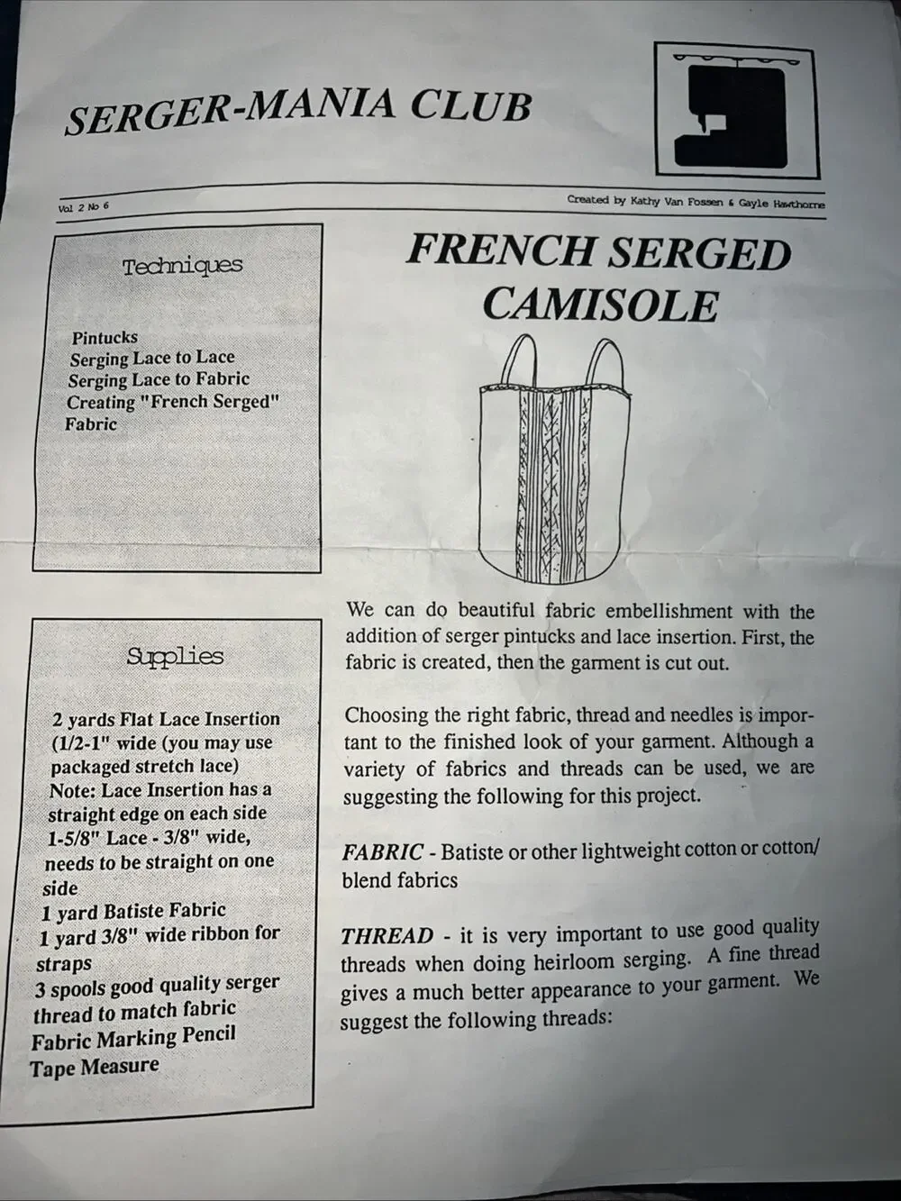 Vintage Serger-Mania Club French Lace Camisole Pattern & Fabric Kit Sealed